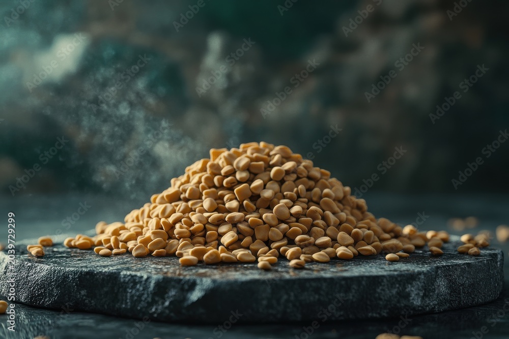 Obraz premium A detailed view of a mound of yellow split peas on a dark stone surface, highlighting their texture and color.