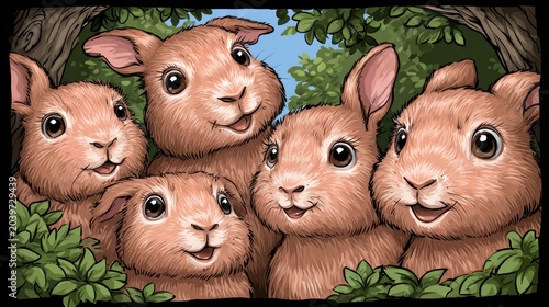 Five cheerful cartoon rabbits peer out from a lush green woodland setting