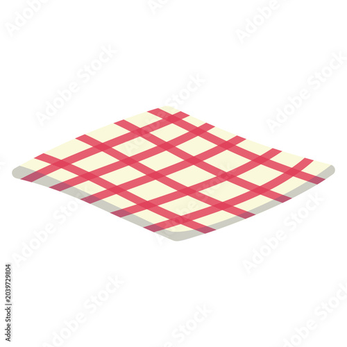 Red white checkered picnic blanket on grass, outdoor dining mat vector icon.