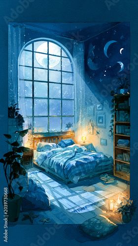 Cosmic Sleep Ritual Watercolor Illustration Creating a Moonlit Sleep Sanctuary for Restorative Nighttime Wellness