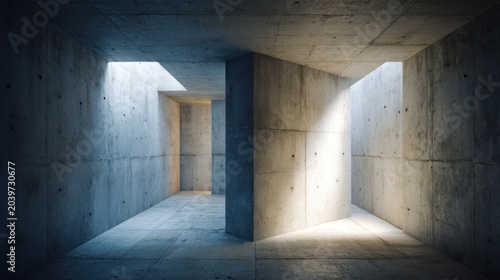 Interior perspective showcases harsh directional light illuminating rough textured concrete walls and floor