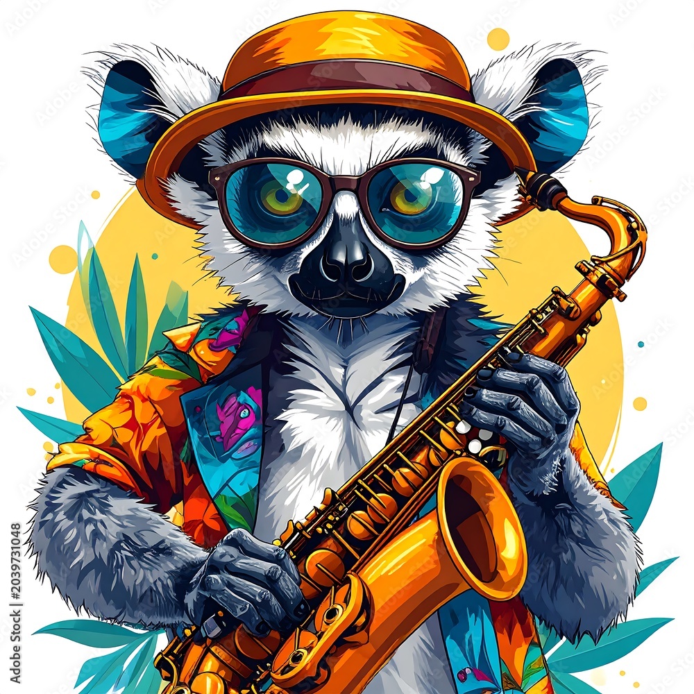 Obraz premium Lemur playing saxophone in hat.