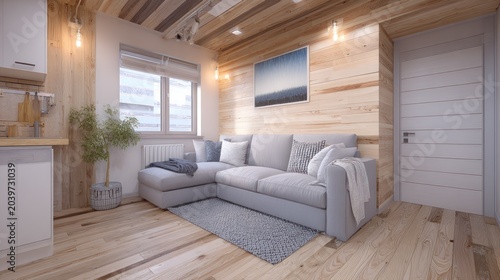 Contemporary living area features light wood paneling and comfortable sectional seating arrangement