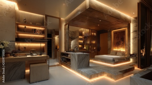 Luxurious contemporary bedroom suite features sophisticated accent lighting and warm wood finishes