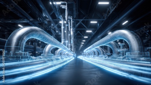 Industrial facility piping system visualized with digital blueprint overlay and glowing data streams