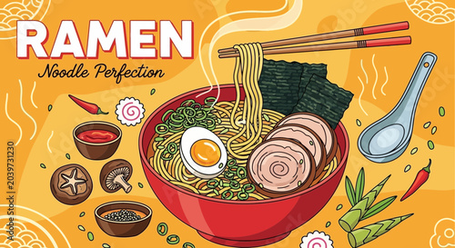 Delicious ramen bowl with noodles eggs and vegetables on yellow background