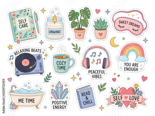 Foto Colorful self care stickers on white.