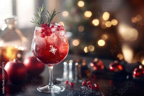 A festive holiday cocktail garnished with rosemary and cranberries, set against a warm, bokeh backdrop.