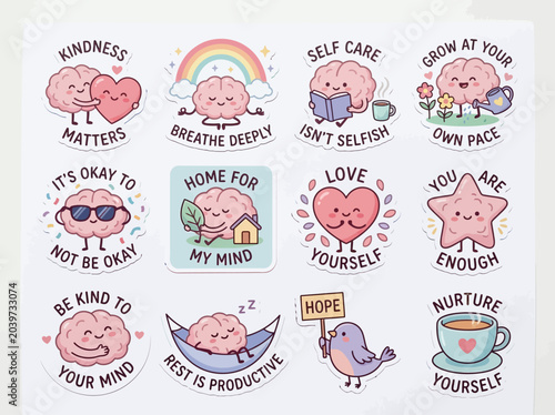 Foto Cute cartoon brain with emotions stickers.