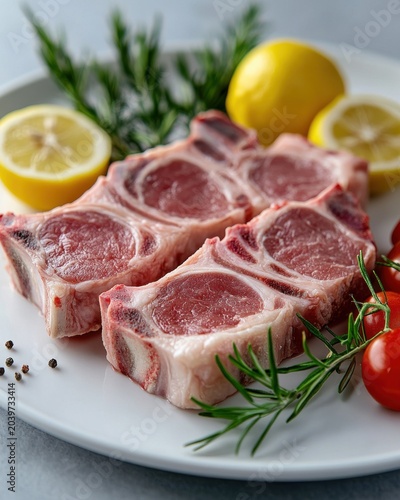 Fresh, raw lamb chops on a plate, surrounded by rosemary, lemon slices, and cherry tomatoes.