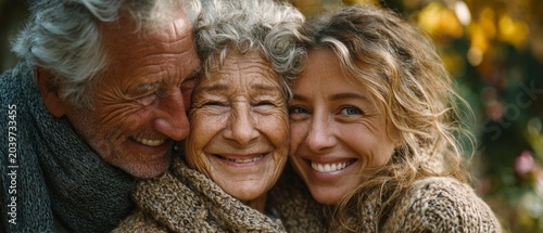 Three generations of women of different ages, embracing one another with warm smiles, provide a family backdrop that reflects intergenerational bonds and care.
