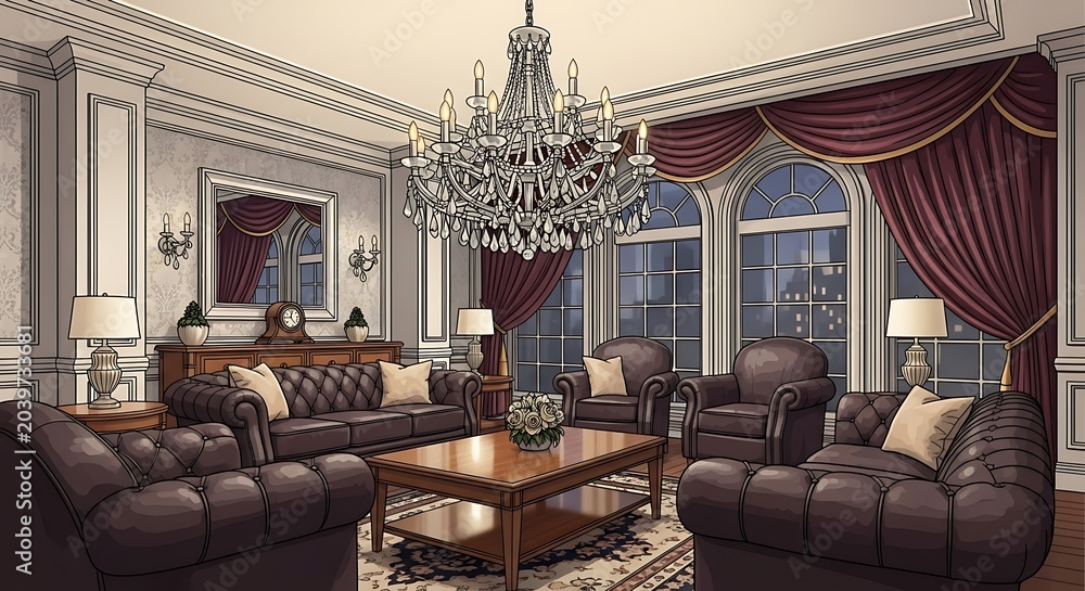 Obraz premium Elegant dining room with chandelier and fireplace.