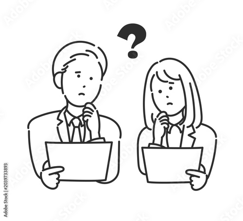 書類を持つビジネスパーソンとクエスチョンマークのイラスト　線画のみ