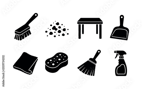 Sweeping crumbs off the table. Filled icon set of Sweeping crumbs off the table: table brush, crumbs pile, dining table, dustpan, cleaning cloth, kitchen sponge, hand broom, spray bottle. Solid icons