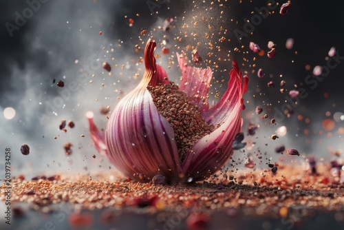A vibrant red onion bursts open, releasing a cloud of seeds and spice, creating a dynamic and lively kitchen scene.
