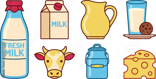Bild auf Leinwand Dairy Farming and Fresh Milk Product Vector Icon Set Featuring Glass Bottle, Car