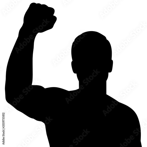 Strong Man Silhouette with Raised Fist Isolated on White Background