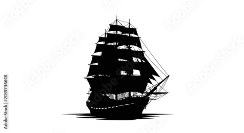 Fotografía Black Silhouette of an Old Sailing Ship with Full Sails, Isolated on White
