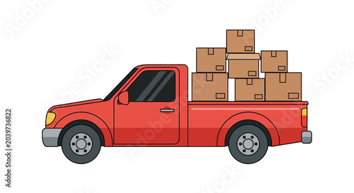 Red Pickup Truck Loaded with Cardboard Boxes - Delivery and Moving Concept