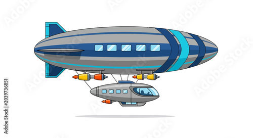 Tableau sur toile Retro Futuristic Airship Flying with Gondola Cabin and Engines
