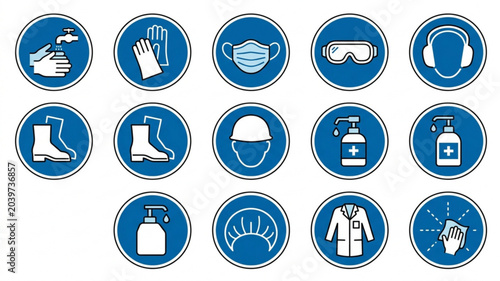 Foto Mandatory safety and hygiene signs vector set with protective equipment and work