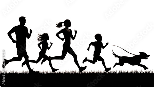 Family and dog running together in outdoor park setting silhouette style