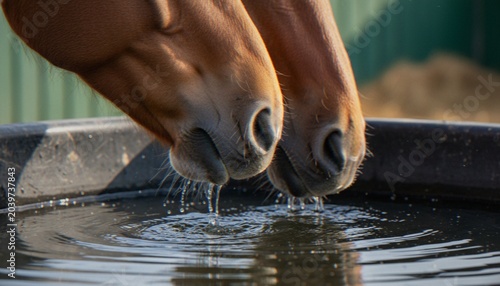 Fotografie Two brown horses drinking refreshing water from a large black trough on a sunny day