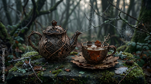 Spooky Halloween still life with a gothic teacup and teapot woven from dry autumn leaves