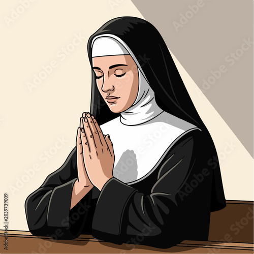 Cartoon vector illustration of a nun praying
