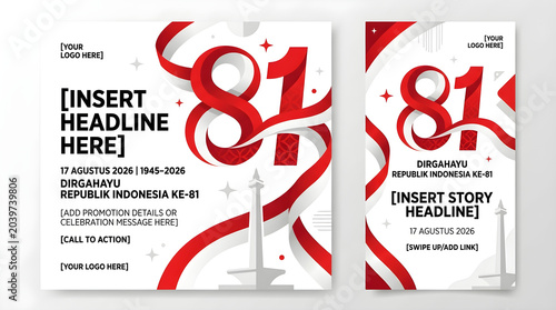 Vibrant 81st Indonesian Independence Day celebration template for social media posts and stories, featuring dynamic red and white ribbons and an iconic national monument, perfect for patriotic events