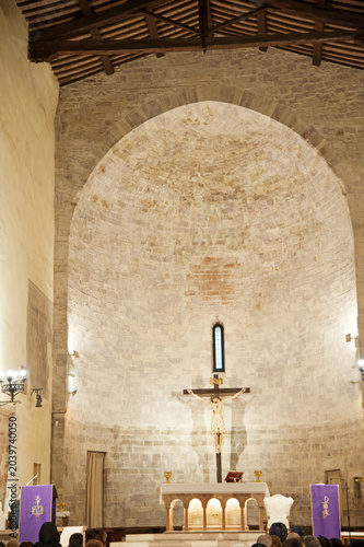 Stone high altar of Santa Maria Maggiore church, known as Sanctuary of Renunciation in Assisi, Italy. It houses the tomb of Carlo Acutis canonized this year.