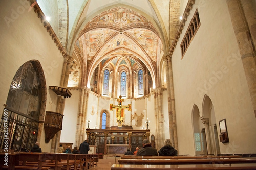 Basilica di Santa Chiara (Saint Clare) former church of San Giorgio,  solemn architecture in Umbria Gothic style, Assisi, Italy. 12th-century wooden crucifix of San Damiano that spoke to St. Francis.