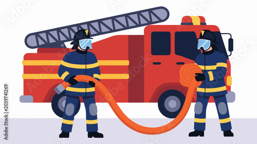 Firefighters holding a hose with a fire truck in the background, representing emergency services