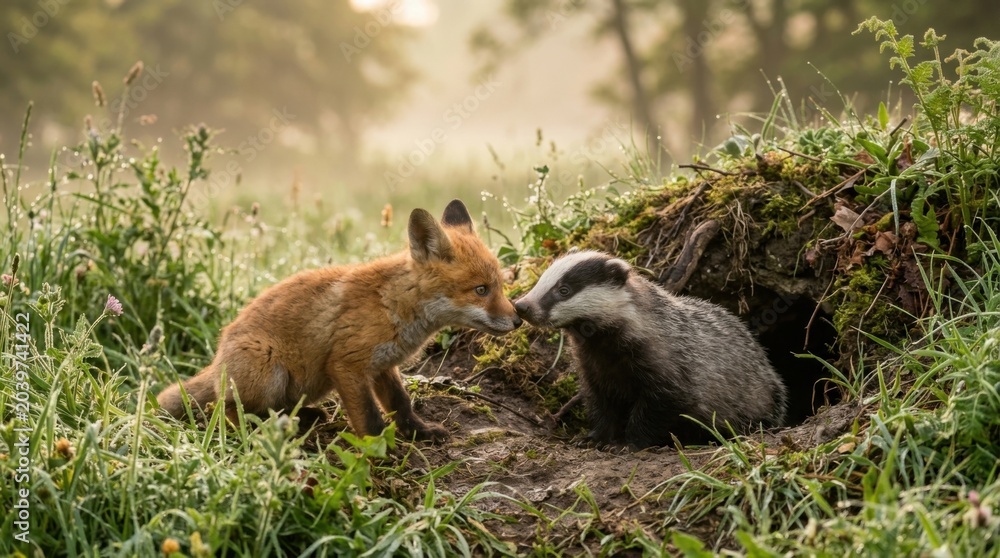 Fototapeta premium Fox and Badger Meeting at a Burrow Entrance in a Grassy Field.