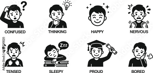 Valokuva Diverse human emotions and reactions icon set illustrating feelings like confusi