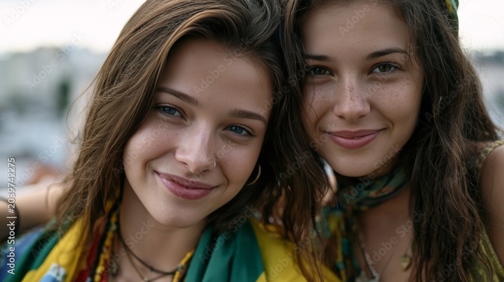 Fototapeta premium Two young women with natural smiles share a close moment outdoors