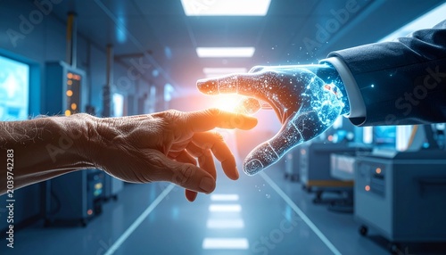 A close-up of a human hand gently touching the smooth, cool surface of an AI's holographic projection hand. The human hand is warm and textured, while the AI hand is made of translucent light.