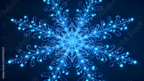 Glowing blue snowflake with intricate crystalline patterns on a dark background