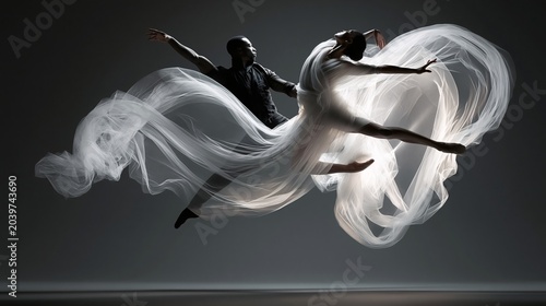 Dancers in silhouette against a dark, moody backdrop. One figure in black, one in white