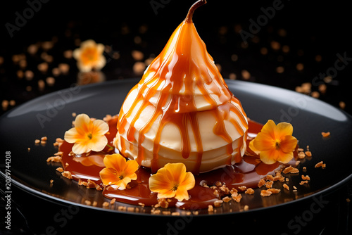 Dessert with caramelized pear on a plate.