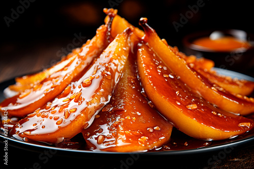 Dessert with caramelized pear on a plate.