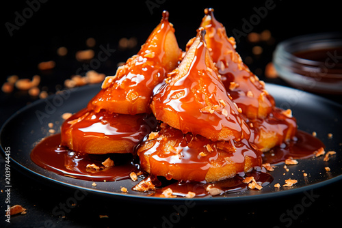 Dessert with caramelized pear on a plate.