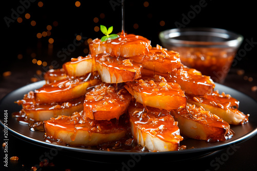 Dessert with caramelized pear on a plate.