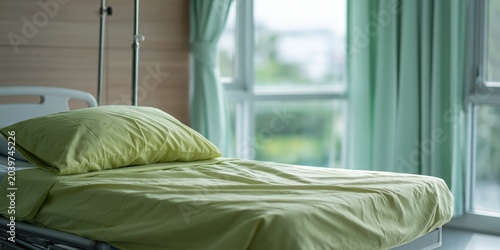 Bed made with green linens near window in bright room