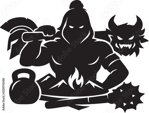 Quadro su tela Ninja warrior with kettlebell and mace