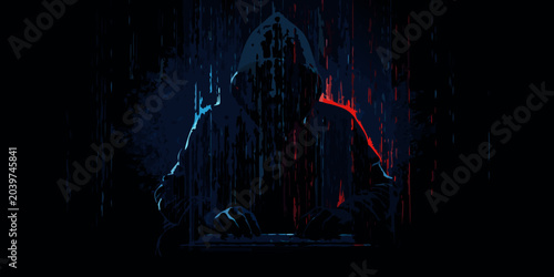 Tableau sur toile hooded hacker silhouette with glitch effect dark