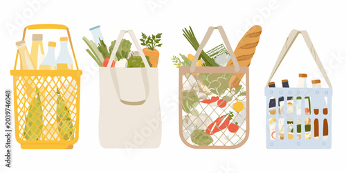 Tableau sur toile grocery shopping bags flat vector food vegetables
