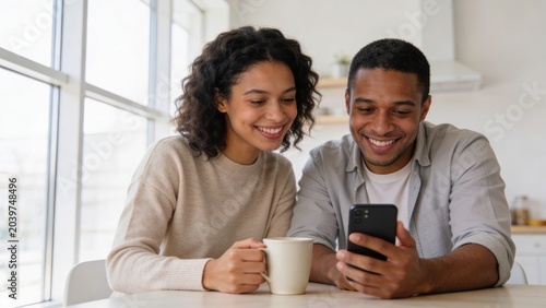 Happy couple smiles while viewing smartphone screen together at kitchen table with coffee mug nearby.
