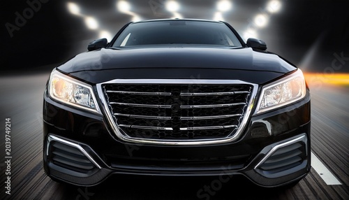 close up of black car front grill and glowing white l e d headlights automobile automotive