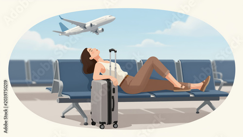 Exhausted Traveler Sleeping on Airport Bench – Stylish Woman with Suitcase for Jet Lag Concepts, Travel Blogs, and Journey Fatigue Illustrations